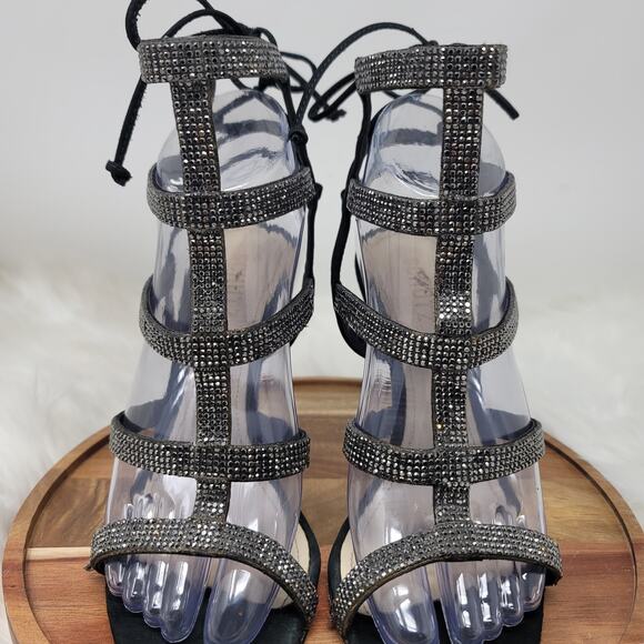 Schutz Black Strappy Jeweled Heels 4.5" Women's 8B - Picture 2 of 8
